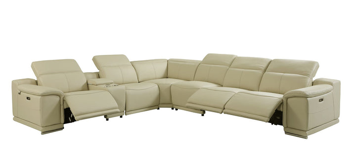 DivanItalia 9762 7-Piece L Shaped Top Grain Italian Leather Sectional Sofa with 3 Power Recliners - Beige