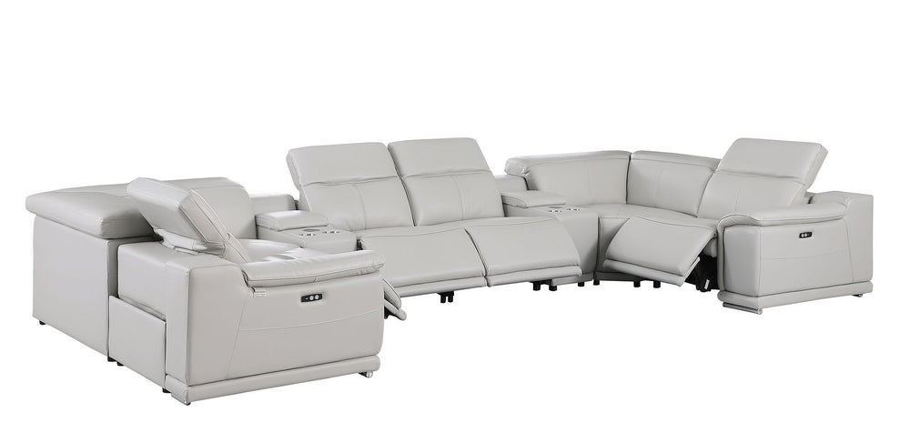 DivanItalia 9762 8-Piece U Shaped Top Grain Italian Leather Sectional Sofa with 4 Power Recliners – with Console - Light Gray