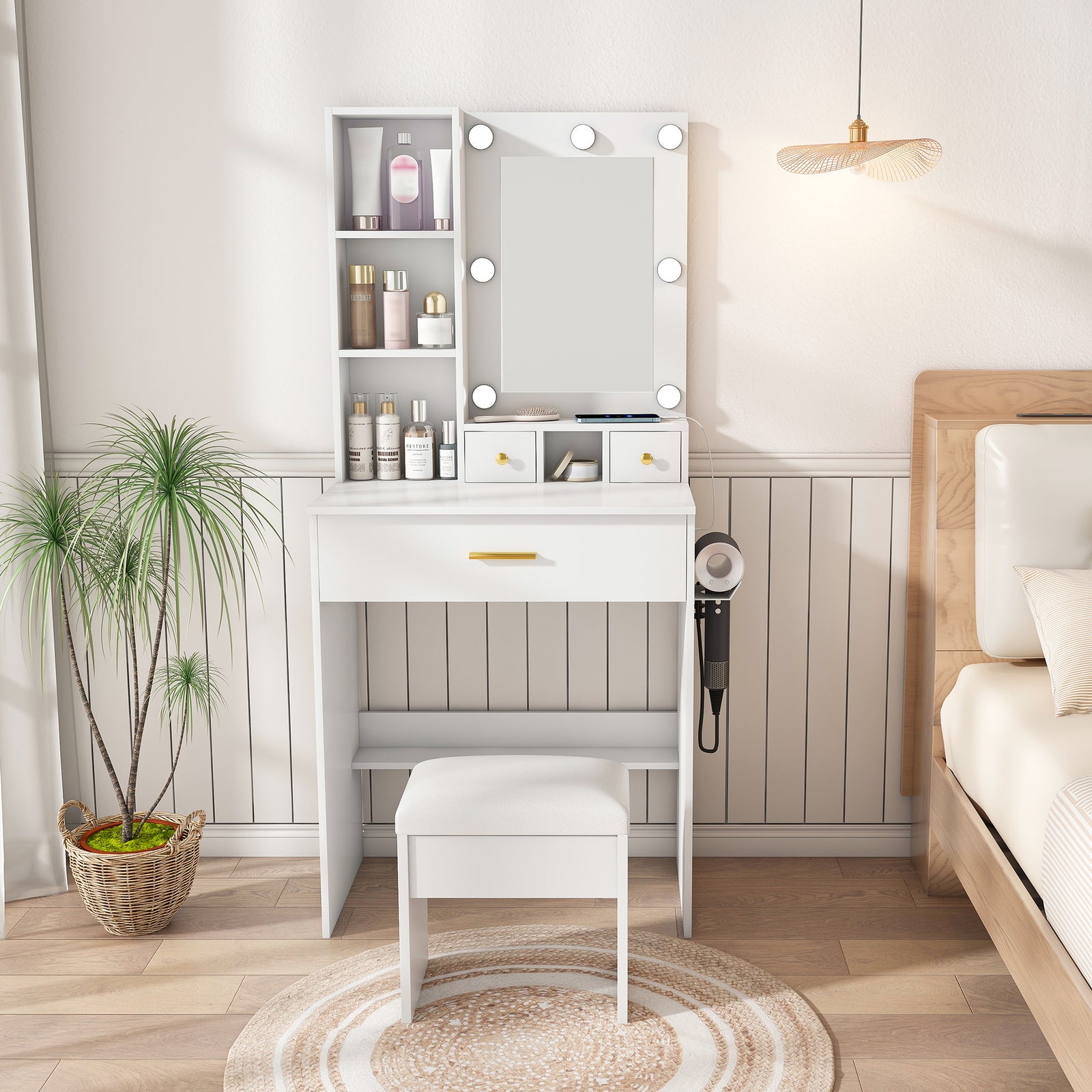 Compact White Vanity Table with Mirror, Adjustable LED Lights, Hair Dryer Holder & Stool
