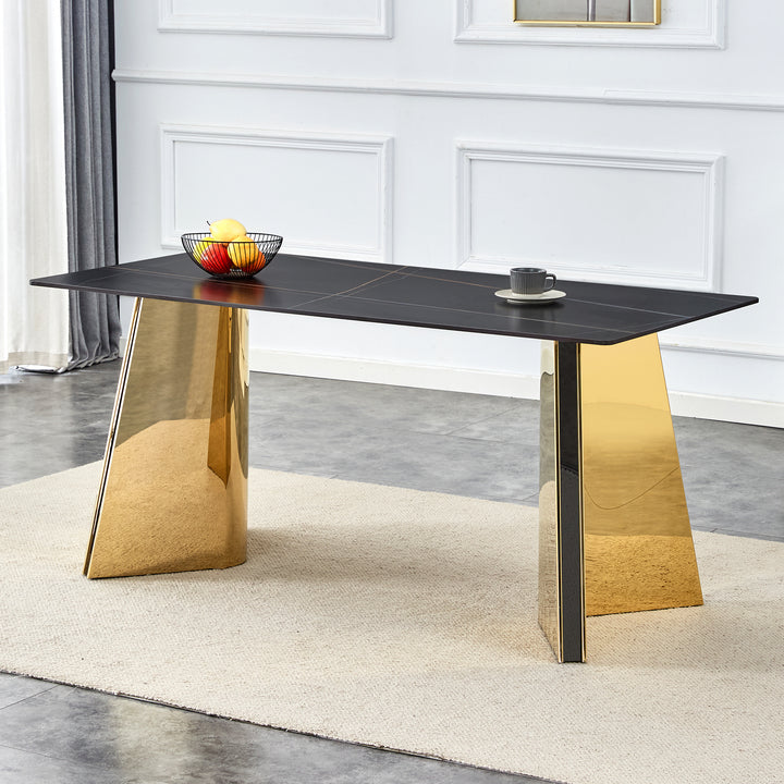Black Marble-Patterned Slab Dining Table with Golden Stainless Steel Butterfly Legs.