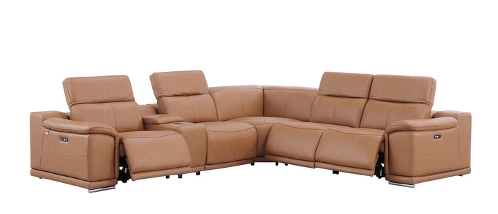 DivanItalia 9762 6-Piece L Shaped Top Grain Italian Leather Sectional Sofa with 3 Power Recliners - Cognac