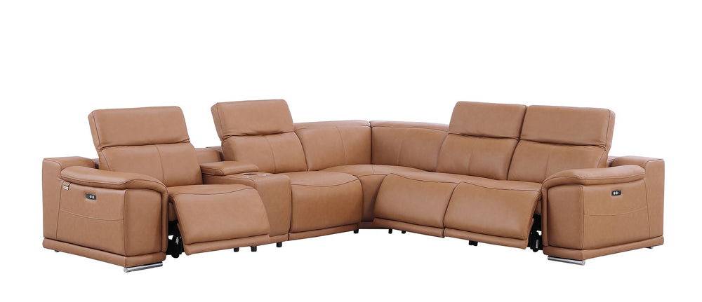 DivanItalia 9762 6-Piece L Shaped Top Grain Italian Leather Sectional Sofa with 3 Power Recliners - Cognac