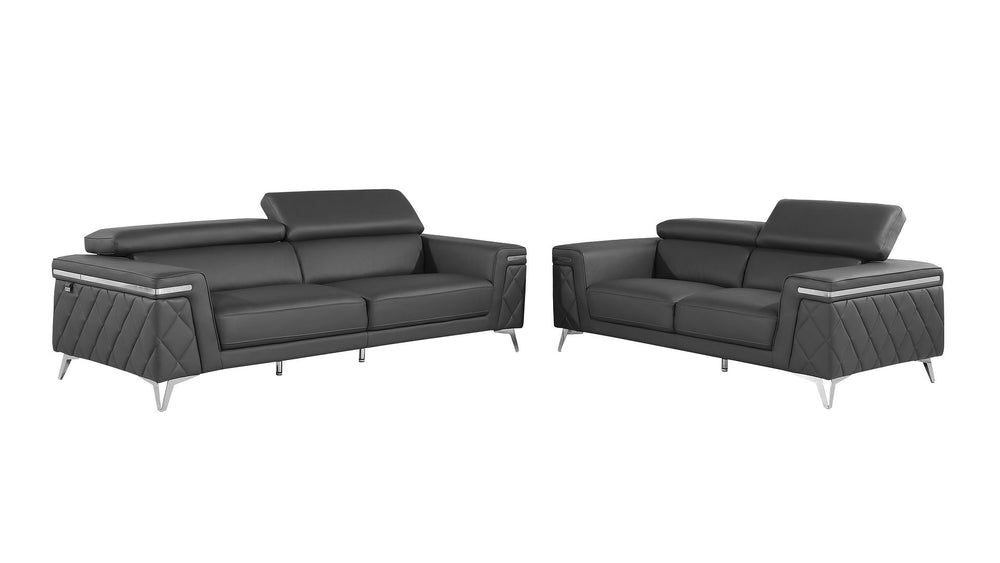 DivanItalia 1140 2-Piece Sofa Set with Adjustable Headrest in Top-Grain Italian Leather - Dark Gray