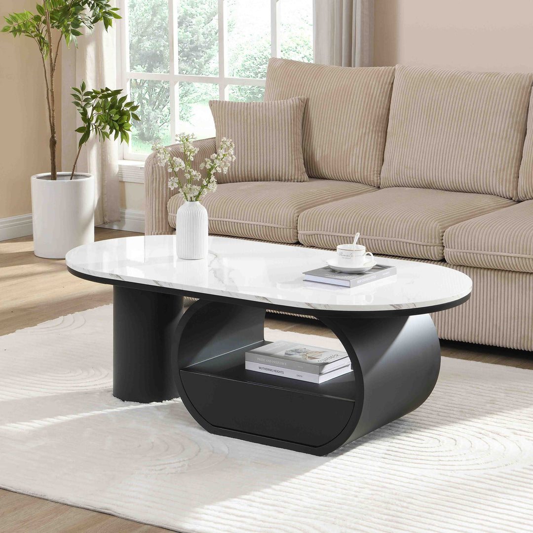 Modern Faux Marble Oval Coffee Table with Storage Drawer