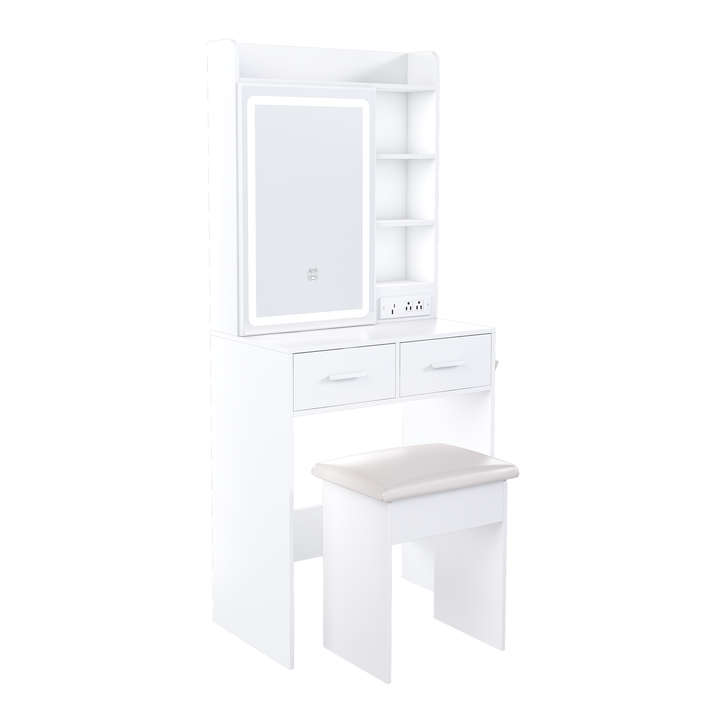 Space-Saving White Makeup Vanity Desk with Mirror & Adjustable LED Lights, Includes Stool & Shelf