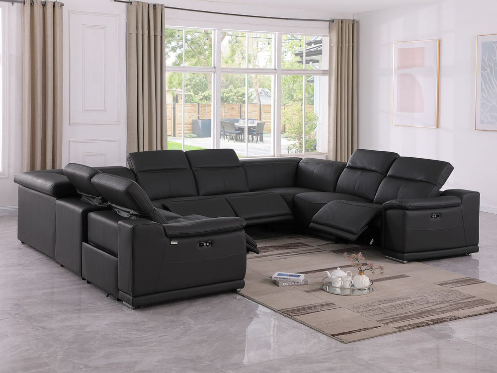 DivanItalia 9762 8-Piece U Shaped Top Grain Italian Leather Sectional Sofa with 4 Power Recliners – No Console - Black