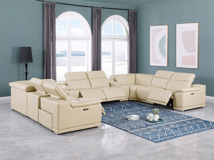 DivanItalia 9762 10-Piece U Shaped Top Grain Italian Leather Sectional Sofa with 4 Power Recliners - Beige