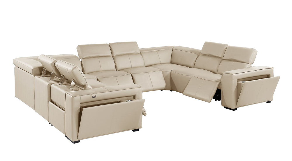 DivanItalia 1224 8-Piece U-Shaped Sectional Sofa in Top Grain Italian Leather with 4 Power Recliners & Power Headrests – No Console - Beige
