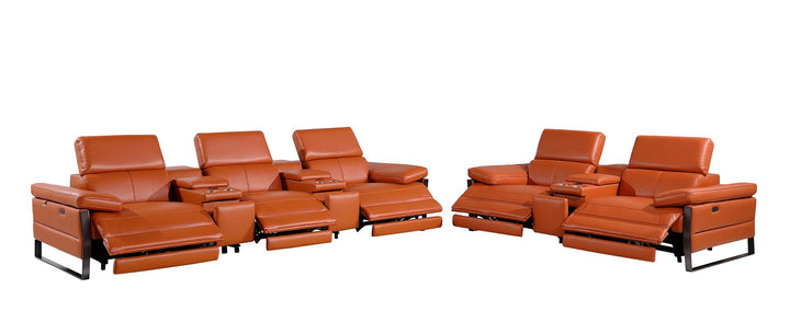 DivanItalia 1246 Modular Power Reclining Dual Console Sofa and Console Loveseat Set with Power Headrests – Top Grain Italian Leather - Camel
