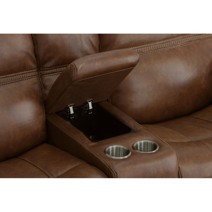 Fenwick Leather Power Reclining Loveseat with Console &amp; Power Headrests in Cognac