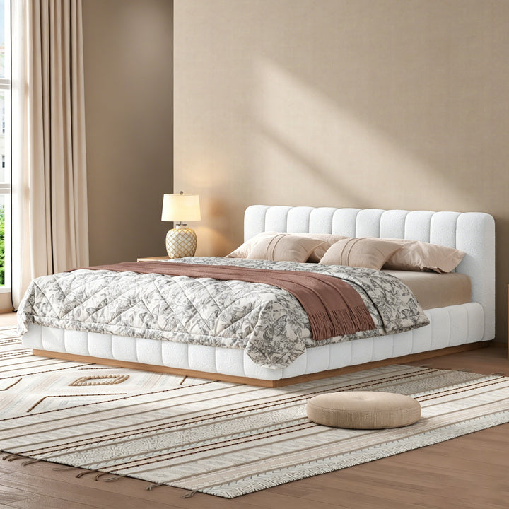 Channel Tufted Boucle King Platform Bed – White
