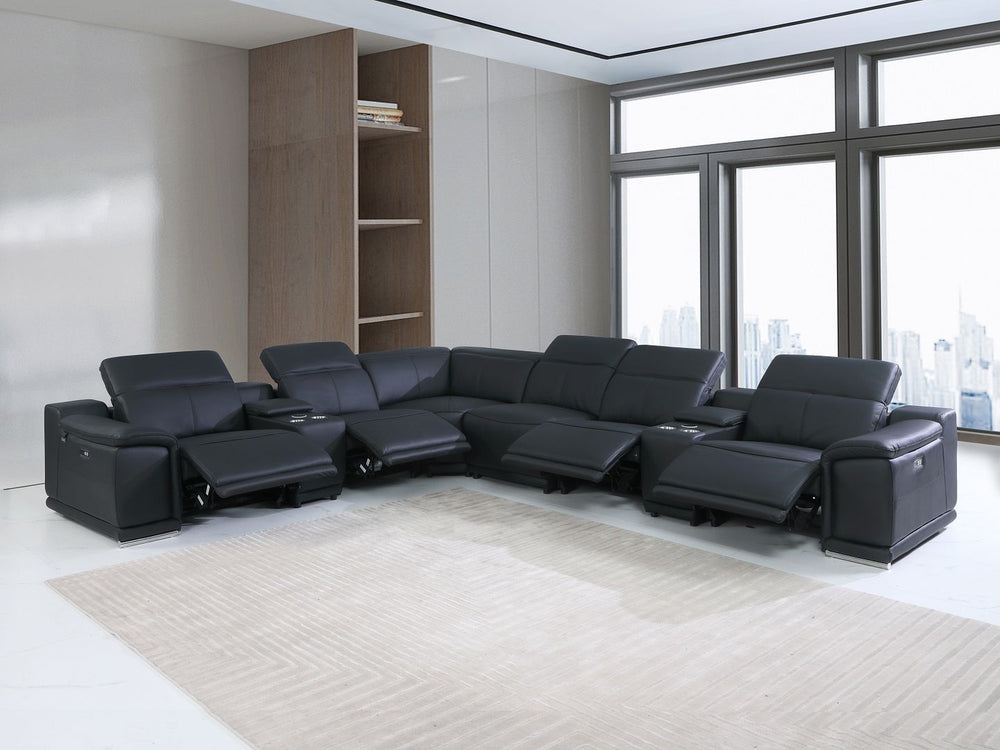 DivanItalia 9762 8-Piece L Shaped Top Grain Italian Leather Sectional Sofa with 4 Power Recliners - Black