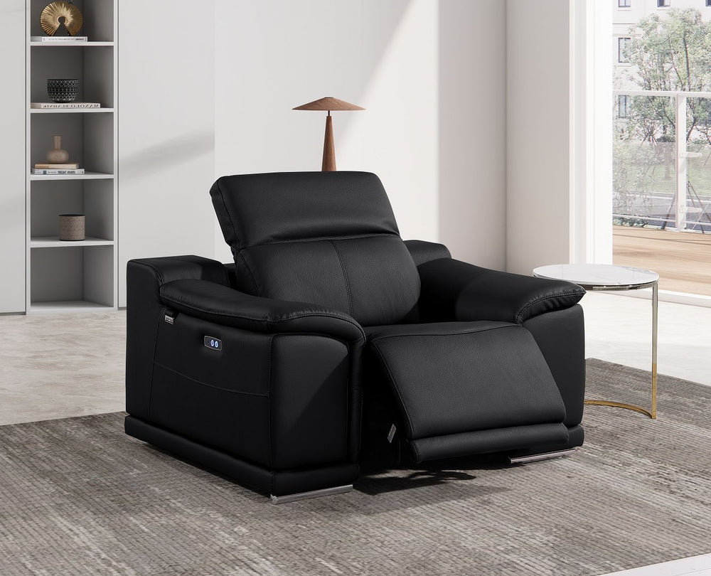 DivanItalia 9762 Top Grain Italian Leather Power Reclining Chair with Adjustable Headrests - Black