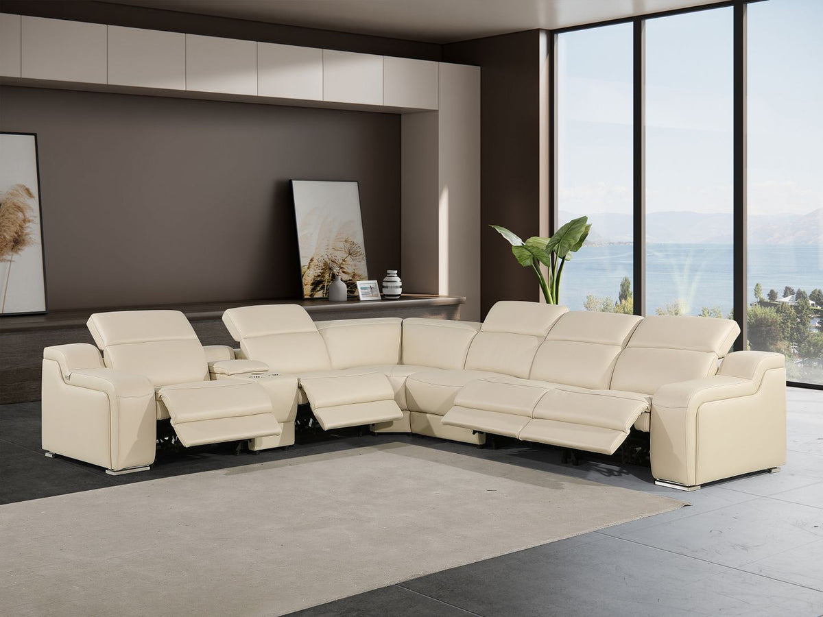 DivanItalia 1116 7-Piece L-Shaped Sectional Sofa in Top Grain Italian Leather with 4 Power Recliners & Power Headrests - Beige