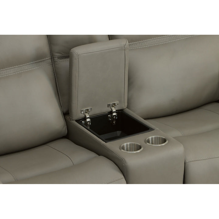 Sawyer Leather Pwr Recl Loveseat w/ Console, Pwr Hdrsts, Lumbar in Grey