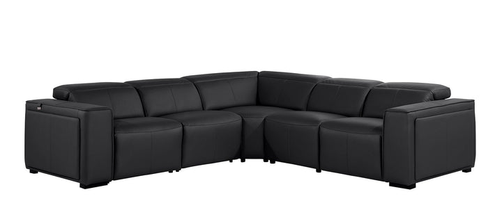 DivanItalia 1224 5-Piece L-Shaped Sectional Sofa in Top Grain Italian Leather with 3 Power Recliners &amp; Power Headrests - Black