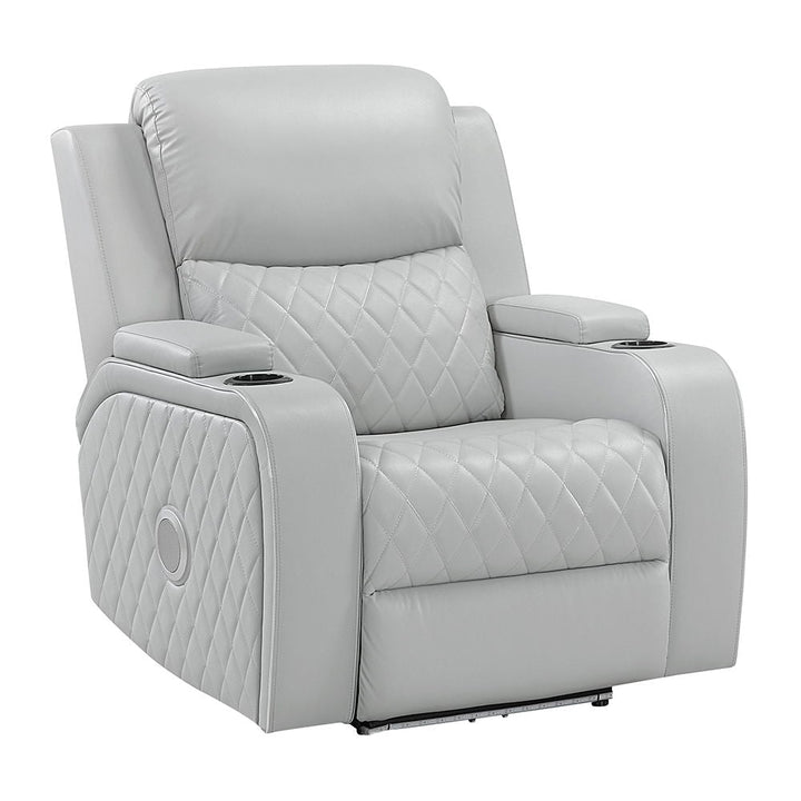 Elonzo - Power Motion Recliner With LED, Power Headrest & Speaker - Light Gray