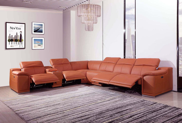 DivanItalia 9762 7-Piece L Shaped Top Grain Italian Leather Sectional Sofa with 4 Power Recliners - Camel