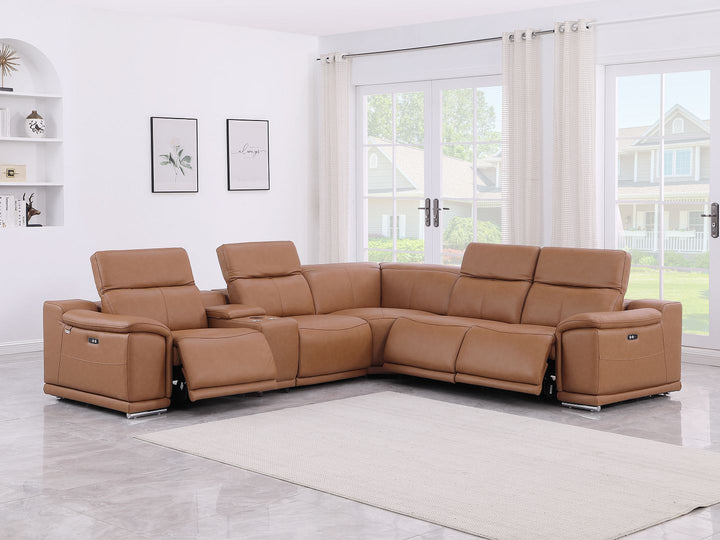 DivanItalia 9762 6-Piece L Shaped Top Grain Italian Leather Sectional Sofa with 3 Power Recliners - Cognac
