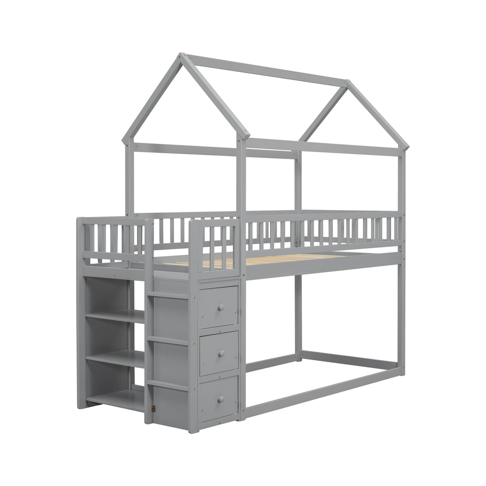 twin-twin-house-bunk-bed-with-shelves-and-drawers-grey-color