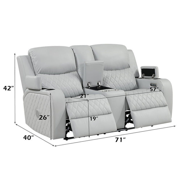 Elonzo - Power Motion Loveseat With Console, LED, Power Headrest & Speaker - Light Gray