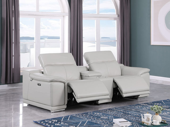 DivanItalia 9762 3-Piece Modular Power Reclining Console Loveseat with 2 Power Recliners in Top Grain Italian Leather - Light Gray