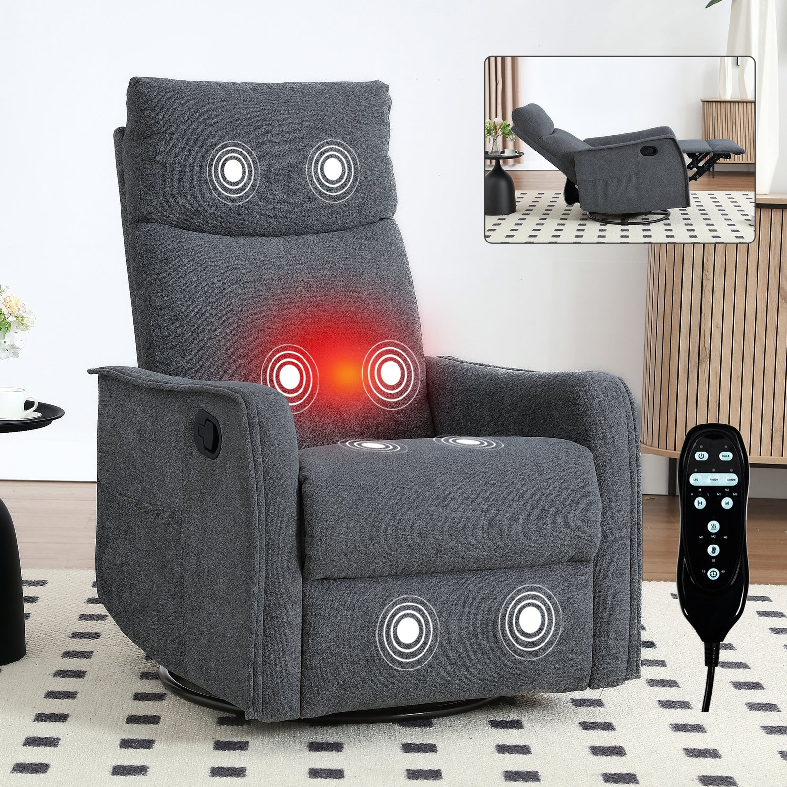 Heat Massage Manual Recliner Chair with Rocker and Swivel, Grey-Fabric