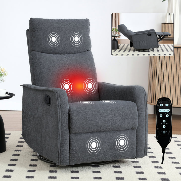 Heat Massage Manual Recliner Chair with Rocker and Swivel, Grey-Fabric