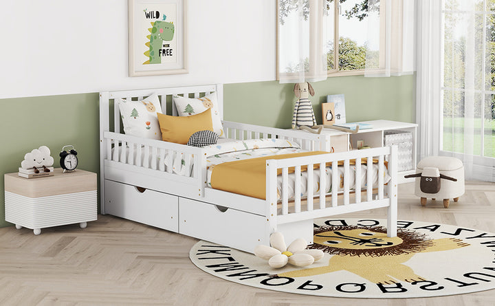 twin-size-wood-platform-bed-with-guardrails-and-two-storage-drawers-in-white