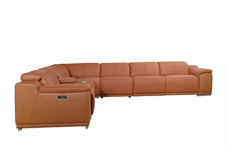 DivanItalia 9762 8-Piece L Shaped Top Grain Italian Leather Sectional Sofa with 4 Power Recliners - Camel