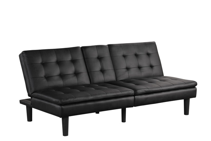 contemporary-style-futon-sofa-bed-black-finish-built-in-usb-chargers-biscuit-tufting-seat-and-back-back-seat-drop-down-table-with-cup-holder-easily-convert-to-bed