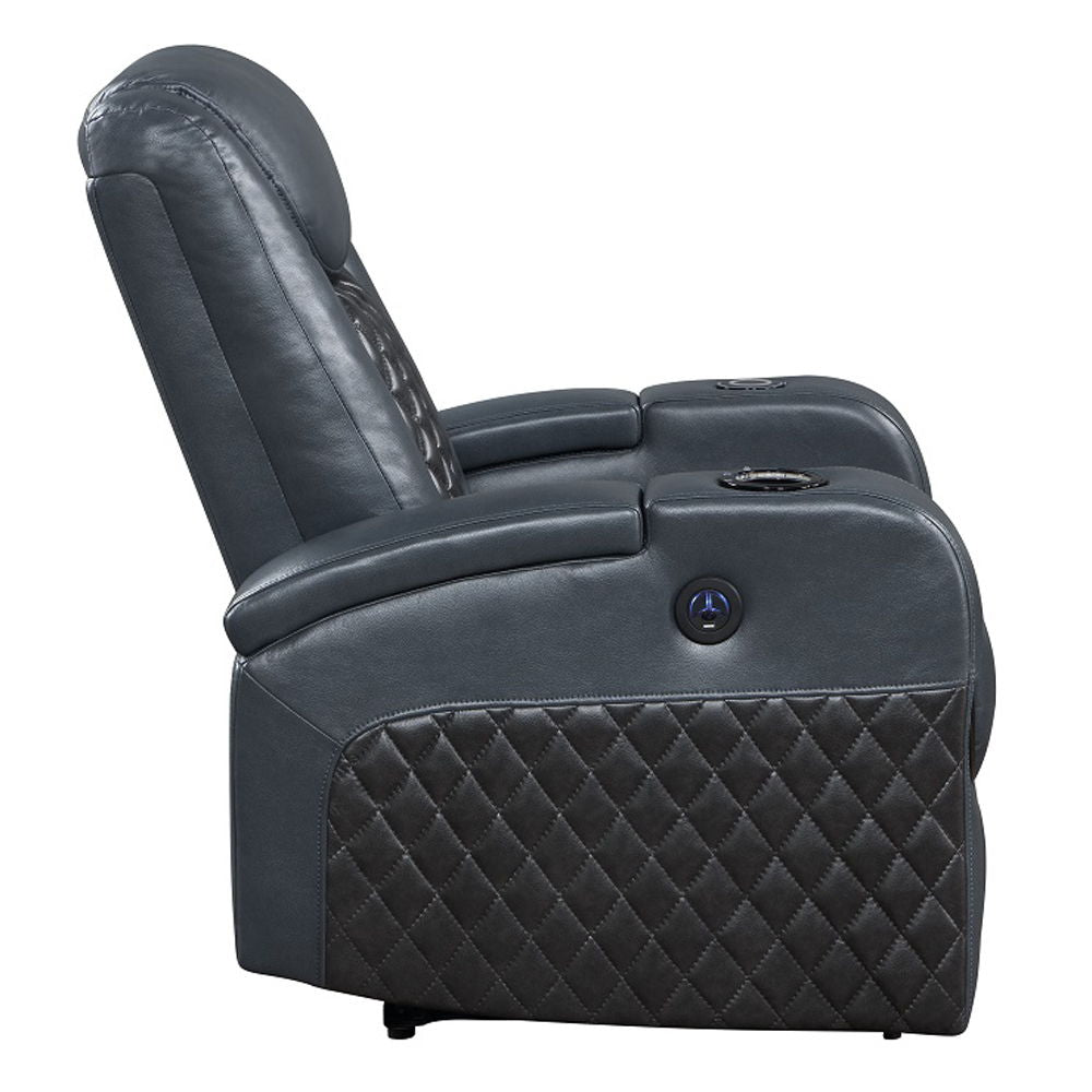 Alair - Power Motion Recliner With Bluetooth, Wireless Charger & Cupholder - Blue & Black Leather Aire