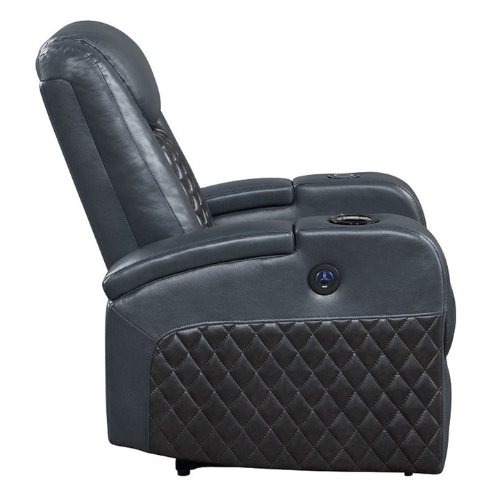Alair - Power Motion Recliner With Bluetooth, Wireless Charger & Cupholder - Blue & Black Leather Aire