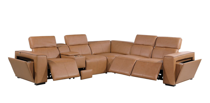 DivanItalia 1224 6-Piece L-Shaped Sectional Sofa in Top Grain Italian Leather with 3 Power Recliners &amp; Power Headrests - Cognac