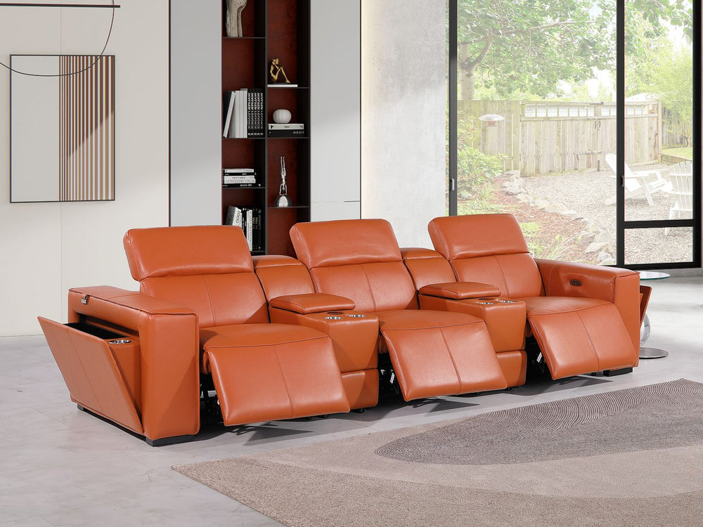 DivanItalia 1224 5-Piece Modular Power Reclining Sofa in Top Grain Italian Leather with 3 Power Recliners & Power Headrests - Camel