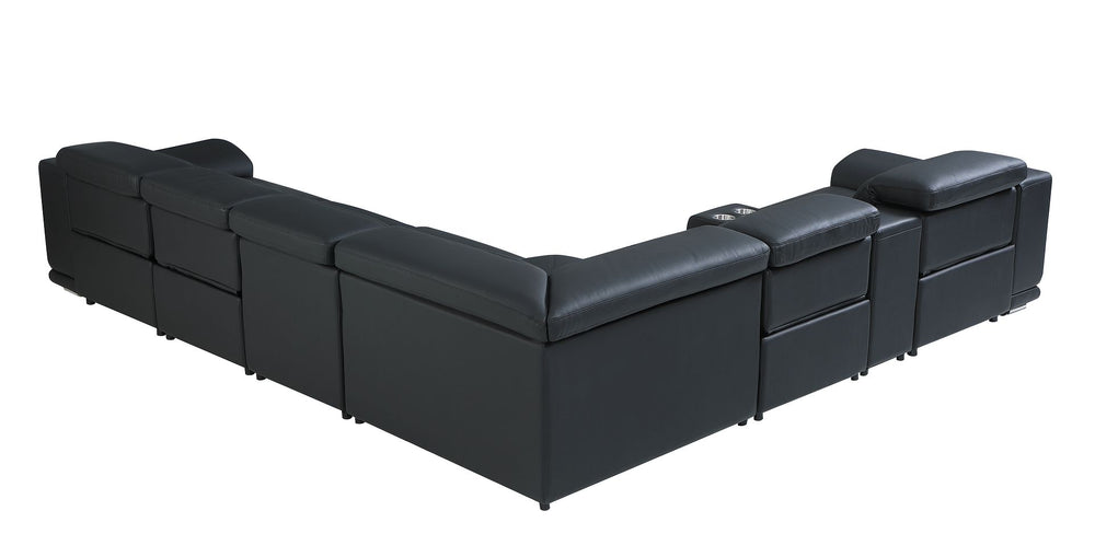 DivanItalia 9762 7-Piece L Shaped Top Grain Italian Leather Sectional Sofa with 4 Power Recliners - Black