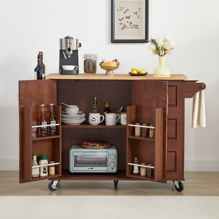 Kitchen Island with Drop Leaf Countertop – Rolling Kitchen Island Cart with Barn Door and Storage – Retro Brown