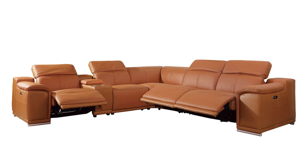 DivanItalia 9762 6-Piece L Shaped Top Grain Italian Leather Sectional Sofa with 3 Power Recliners - Camel