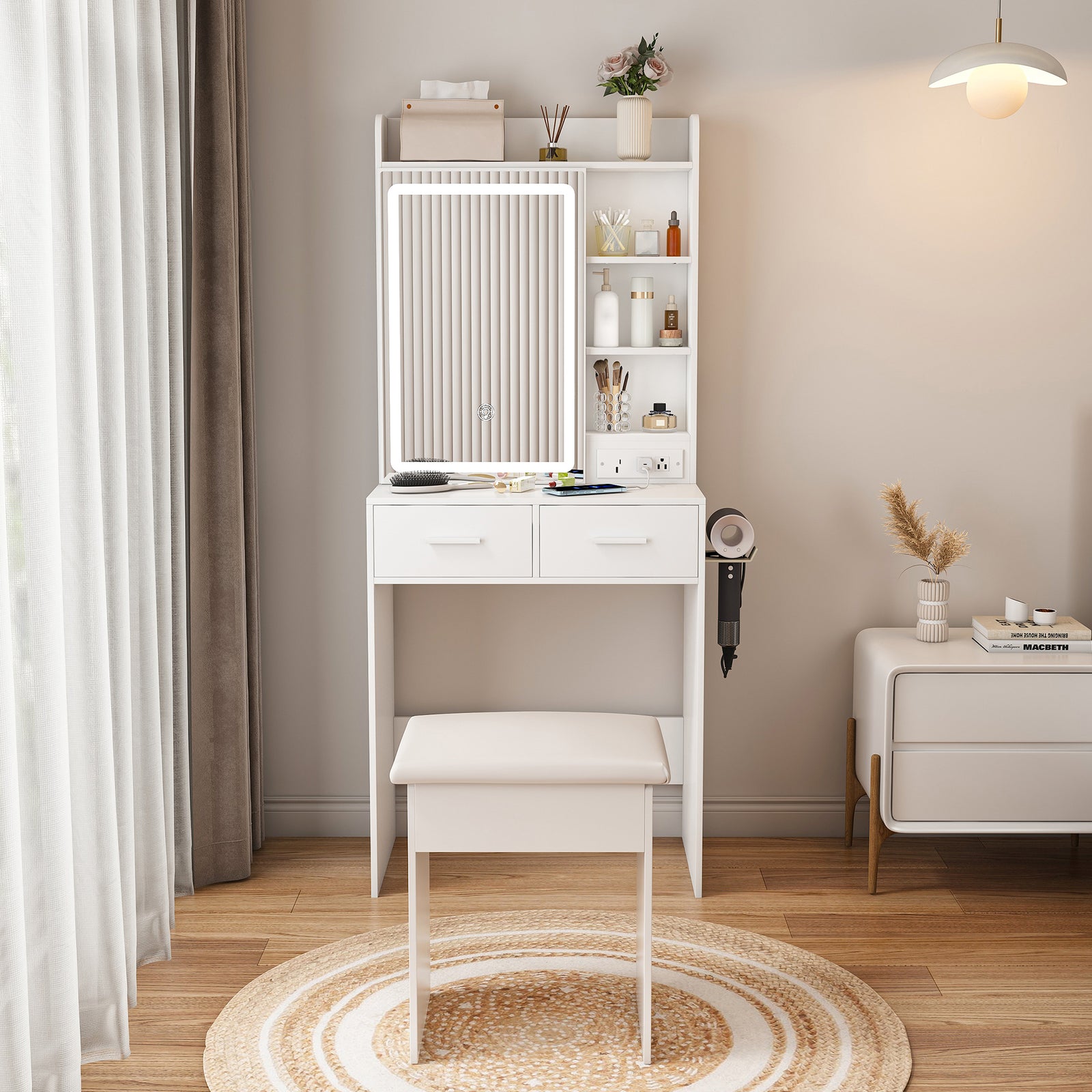 Space-Saving White Makeup Vanity Desk with Mirror & Adjustable LED Lights, Includes Stool & Shelf