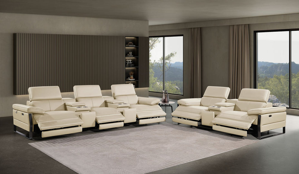 DivanItalia 1246 Modular Power Reclining Dual Console Sofa and Console Loveseat Set with Power Headrests – Top Grain Italian Leather - Beige