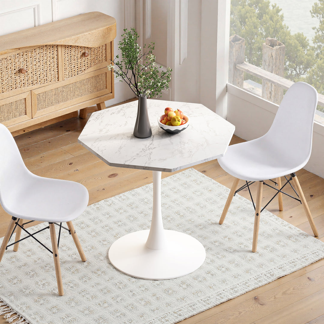 Modern Octagonal Printed White Marble Coffee Table with Metal Base
