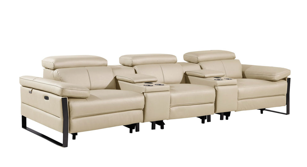 DivanItalia 1246 Modular Power Triple Reclining Dual Console Sofa with Power Reclining Headrests – Top Grain Italian Leather - Beige