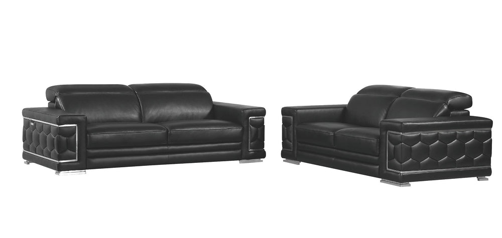 DivanItalia 692 2-Piece Sofa Set with Adjustable Headrest in Top-Grain Italian Leather - Black