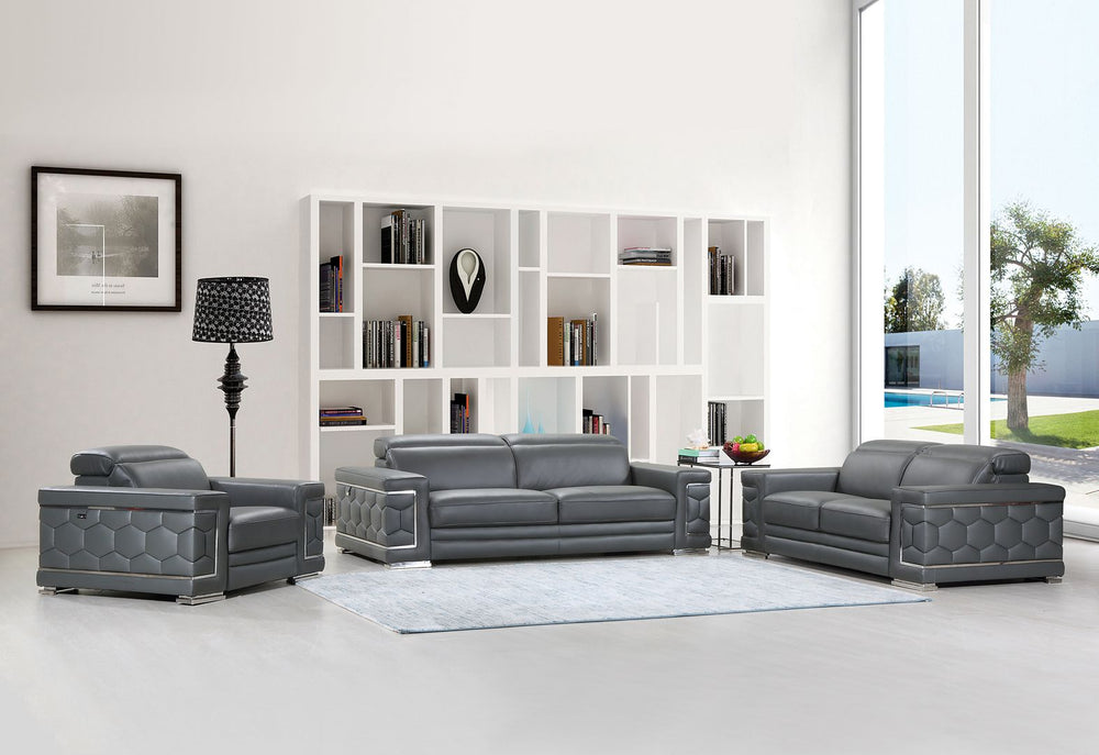 DivanItalia 692 3-Piece Sofa Set with Adjustable Headrest in Top-Grain Italian Leather - Dark Gray