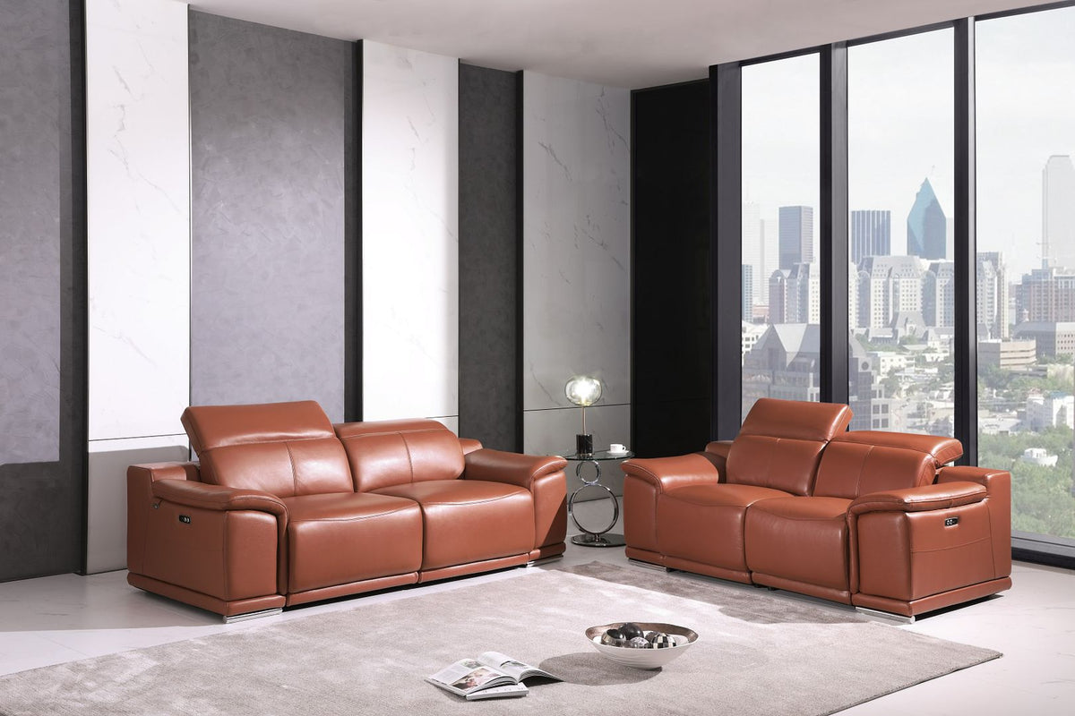 DivanItalia 9762 Top Grain Italian Leather Power Reclining Sofa and Loveseat Set with Adjustable Headrests - Camel