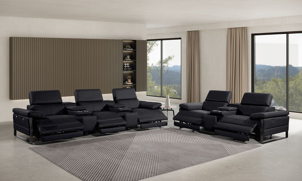 DivanItalia 1246 Modular Power Reclining Dual Console Sofa and Console Loveseat Set with Power Headrests – Top Grain Italian Leather - Black