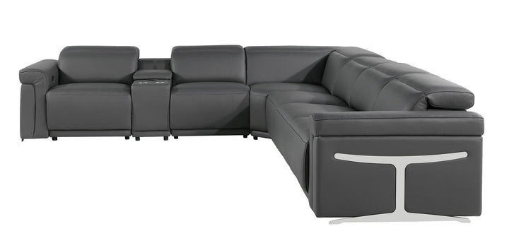 DivanItalia 1126 7-Piece L-Shaped Sectional Sofa in Top Grain Italian Leather with 4 Power Recliners &amp; Power Headrests - Dark Gray