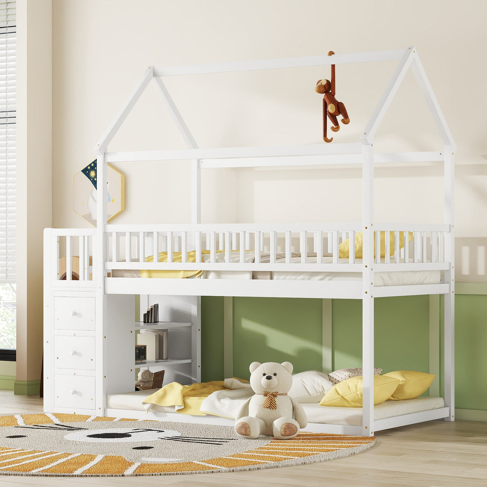 twin-twin-house-bunk-bed-with-shelves-and-drawers-white-color