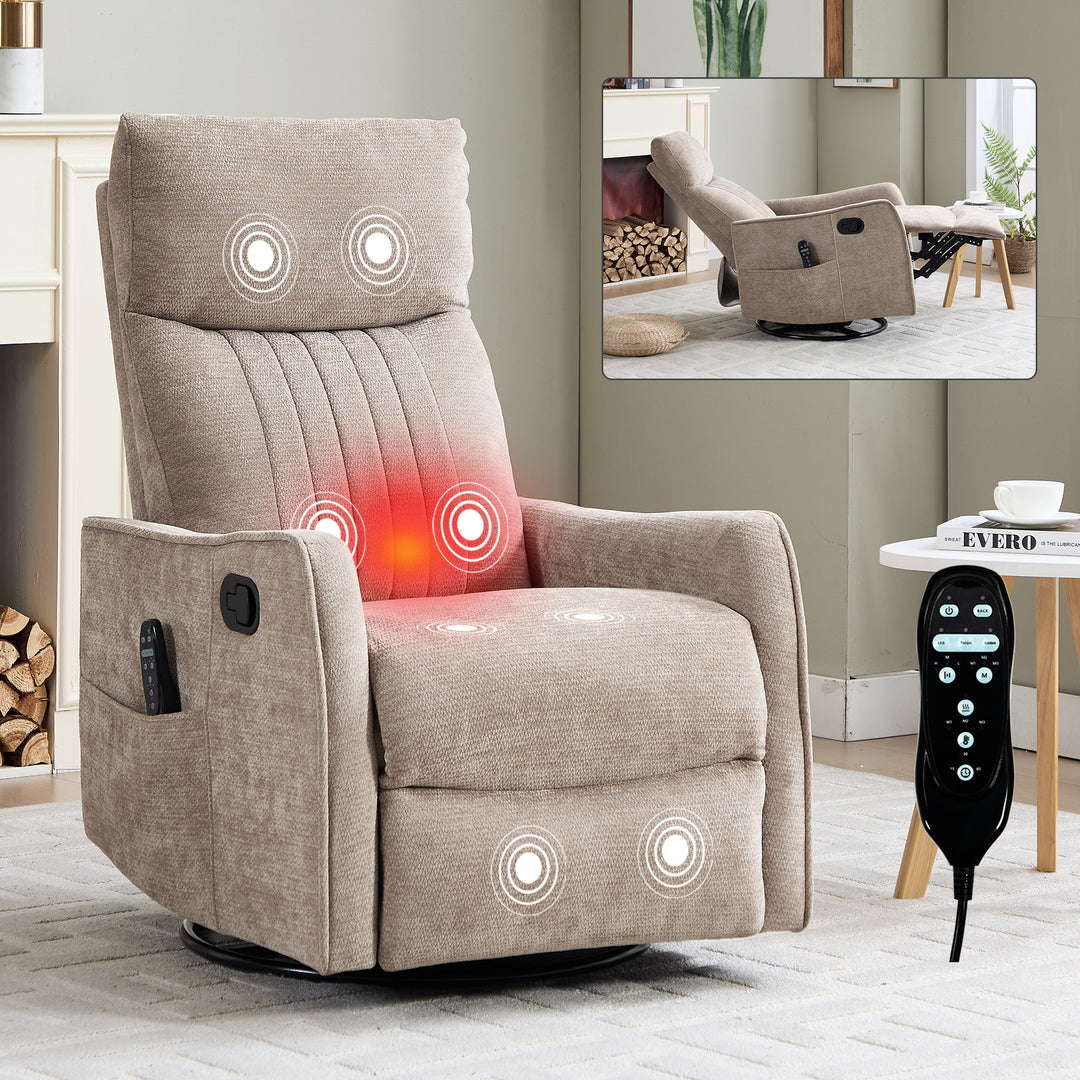 Khaki Heat Massage Manual Recliner Chair with Rocker and Swivel in Fabric for Living Room