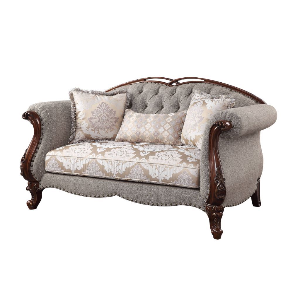 ACME Furniture Miyeon Loveseat With 3 Pillows Fabric & Cherry